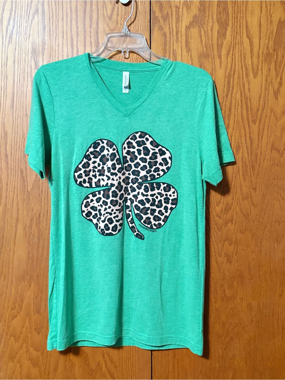 Bella Canvas Green V-Neck Tee with Leopard Shamrock